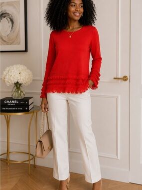 Trina Turk Red Fringe Hem Crewneck Sweater